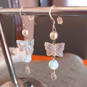 Butterfly Earrings Glass Beads on Sterling Silver Hooks - New Item (2.25")